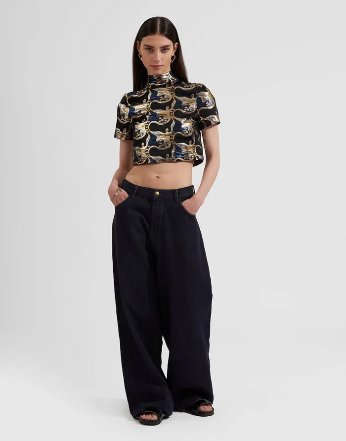 La Doublej Juliet Crop Top Spritz Blu In Jacquard Women Shirts and Tops