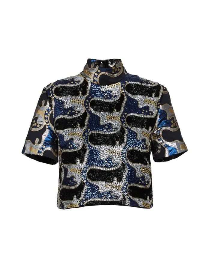 La Doublej Juliet Crop Top Spritz Blu In Jacquard Women Shirts and Tops