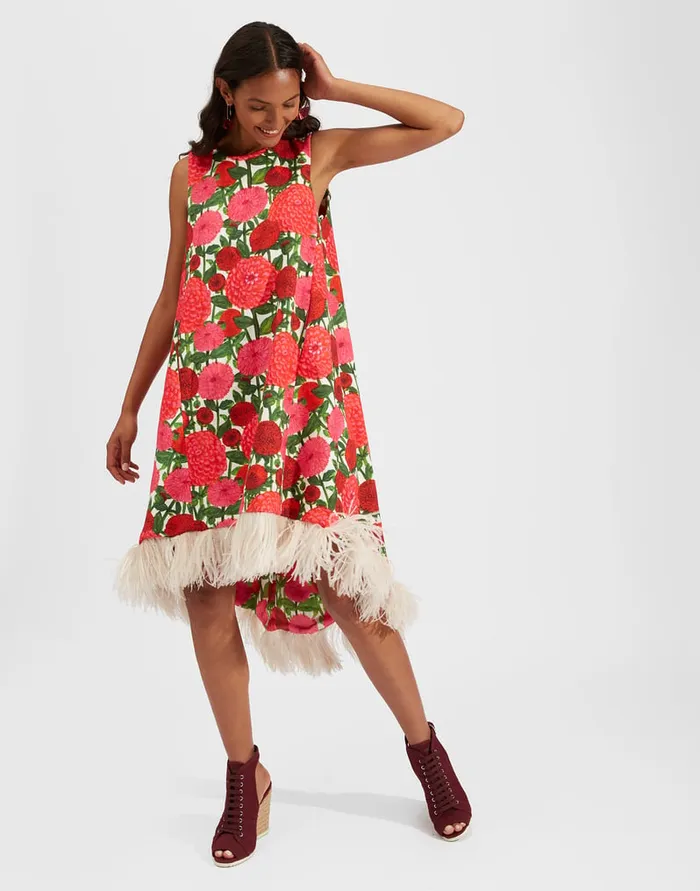 La Doublej La Scala High Dress With Feathers Pink Dahlias In Shot Cotton Women Dresses La Doublej La Scala High Dress With Feathers Pink Dahlias In Shot Cotton Women Dresses