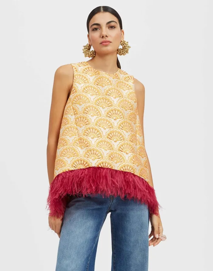 La Doublej La Scala Top Fans Gold In Jacquard With Feathers Women Shirts and Tops La Doublej La Scala Top Fans Gold In Jacquard With Feathers Women Shirts and Tops
