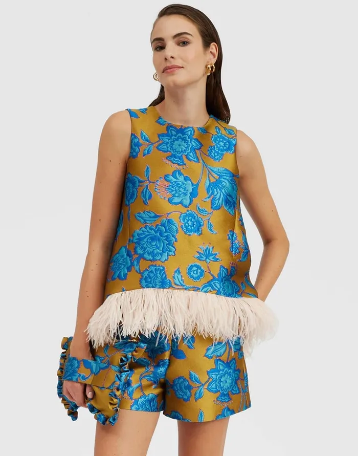 La Doublej La Scala Top Hottie Turquoise In Jacquard With Feathers Women Shirts and Tops La Doublej La Scala Top Hottie Turquoise In Jacquard With Feathers Women Shirts and Tops
