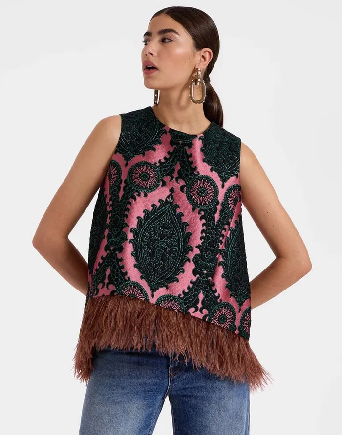 La Doublej La Scala Top Oltrarno Pink In Jacquard With Feathers Women Shirts and Tops La Doublej La Scala Top Oltrarno Pink In Jacquard With Feathers Women Shirts and Tops