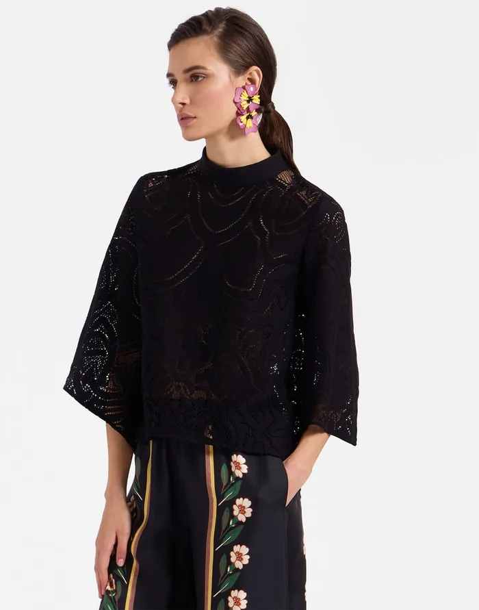 La Doublej Lacey Make An Exit Top Solid Black In Embroidered Cotton Women Shirts and Tops La Doublej Lacey Make An Exit Top Solid Black In Embroidered Cotton Women Shirts and Tops
