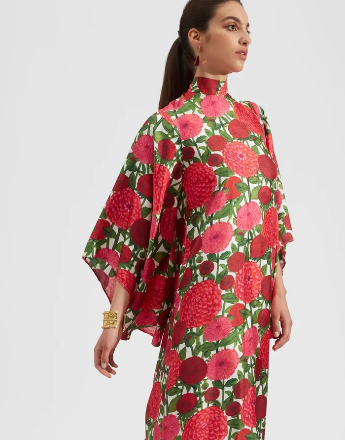 La Doublej Magnifico Dress Pink Dahlias In Twill Silk Women Party Dressing