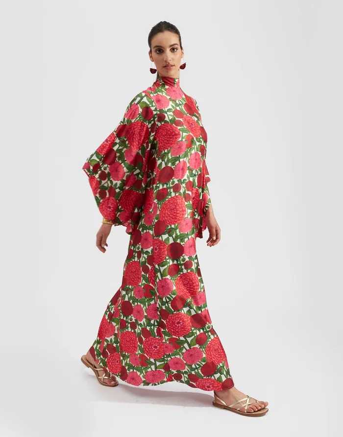 La Doublej Magnifico Dress Pink Dahlias In Twill Silk Women Party Dressing