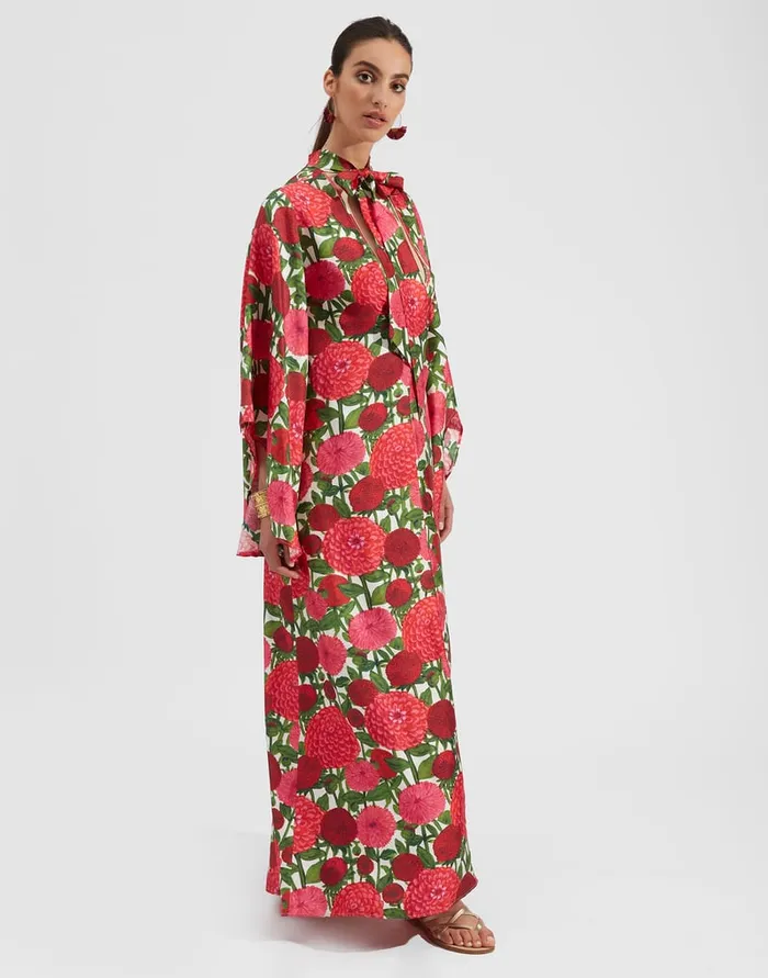 La Doublej Magnifico Dress Pink Dahlias In Twill Silk Women Party Dressing