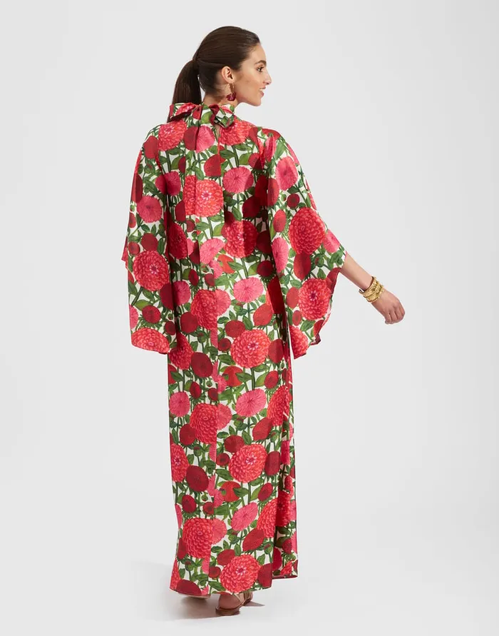 La Doublej Magnifico Dress Pink Dahlias In Twill Silk Women Party Dressing