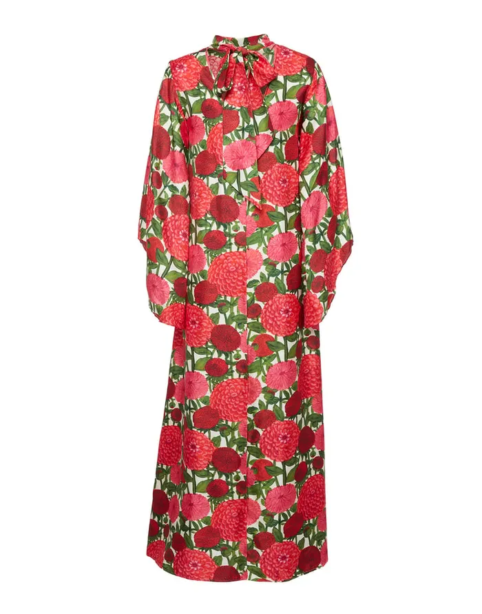 La Doublej Magnifico Dress Pink Dahlias In Twill Silk Women Party Dressing