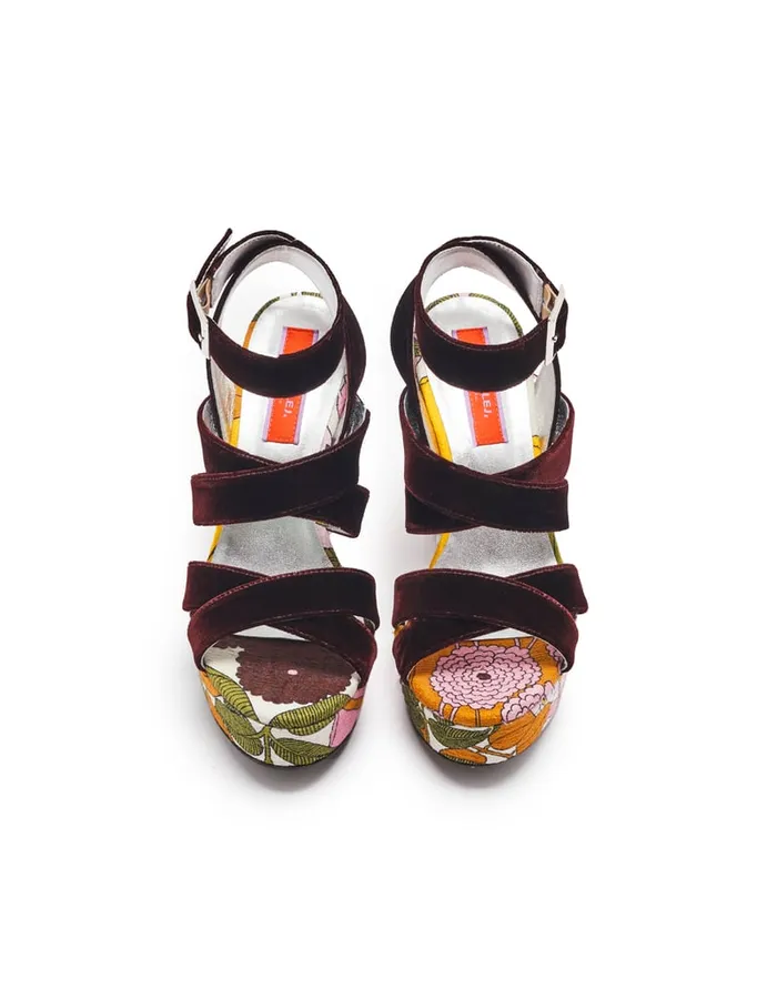 La Doublej Medal Wedge Big Flower Rose In Shot Cotton Women Shoes