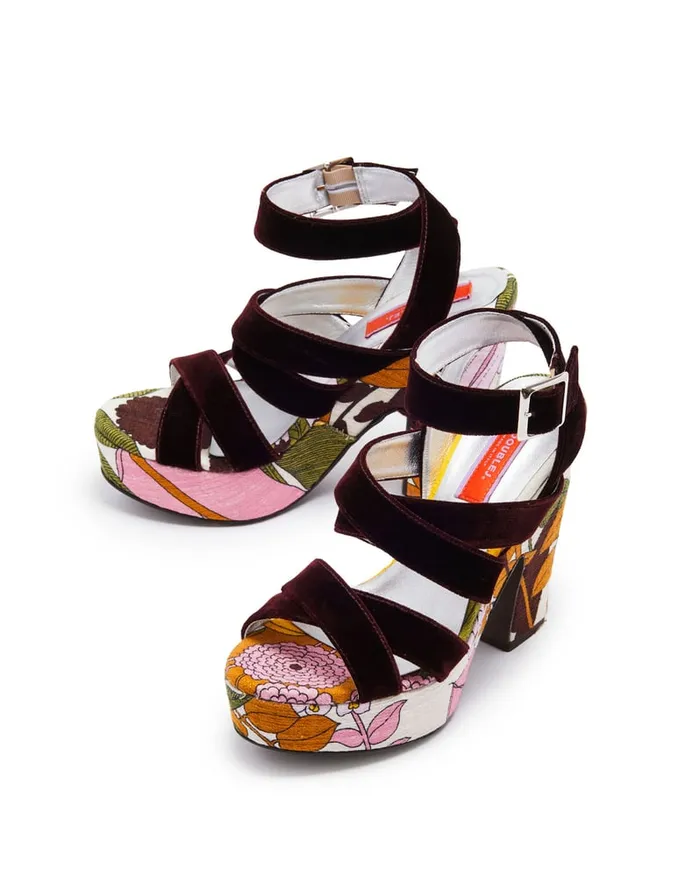 La Doublej Medal Wedge Big Flower Rose In Shot Cotton Women Shoes