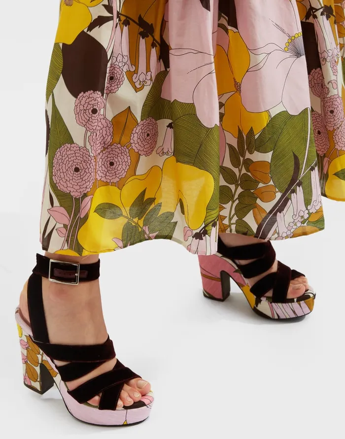 La Doublej Medal Wedge Big Flower Rose In Shot Cotton Women Shoes
