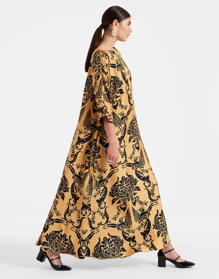 La Doublej Muumuu Dress Round Neck Cherubs Gold In Silk Twill Women Party Dressing La Doublej Muumuu Dress Round Neck Cherubs Gold In Silk Twill Women Party Dressing