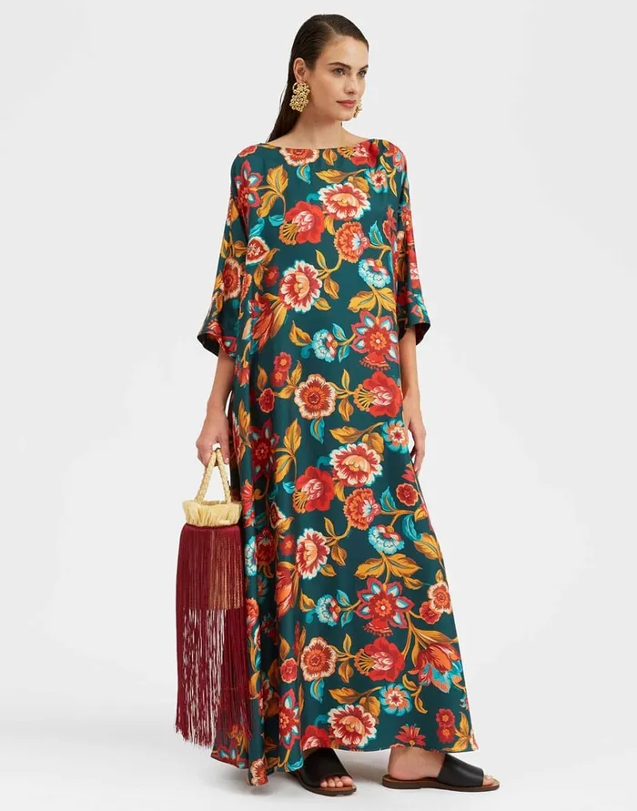 La Doublej Muumuu Dress Round Neck Hottie Emerald In Silk Twill Women Dresses La Doublej Muumuu Dress Round Neck Hottie Emerald In Silk Twill Women Dresses