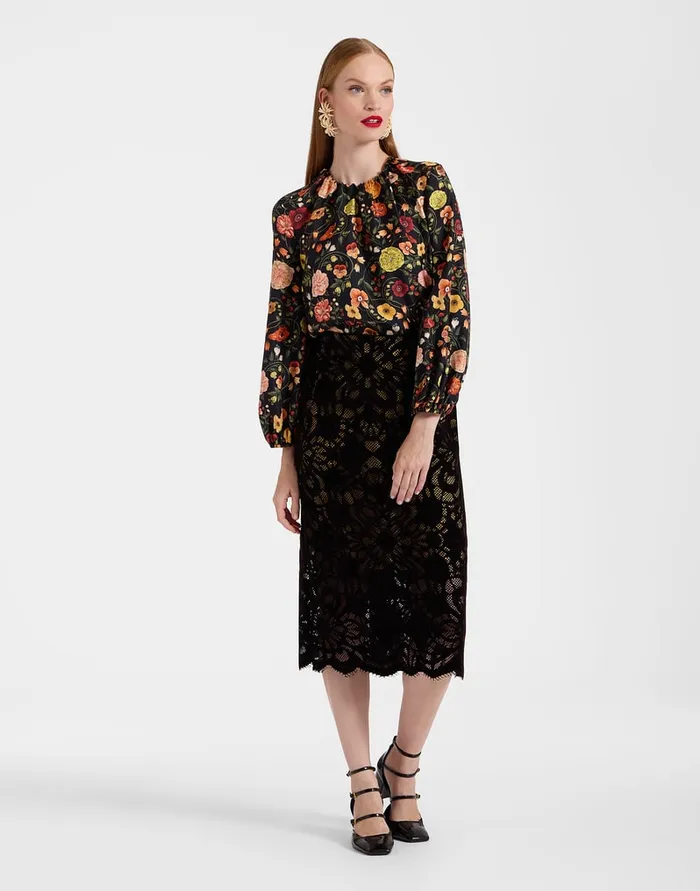 La Doublej Pencil Skirt Vaudeville Brown In Cotton Lace Women Skirts