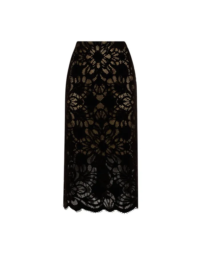 La Doublej Pencil Skirt Vaudeville Brown In Cotton Lace Women Skirts
