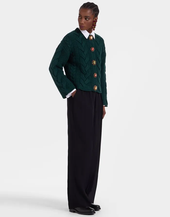La Doublej Portrait Cardigan Solid Green In Chunky Wool Women Knitwear