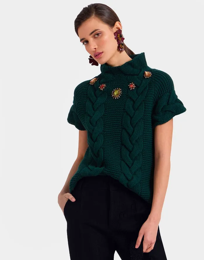 La Doublej Portrait Top Solid Green In Chunky Wool Women Knitwear