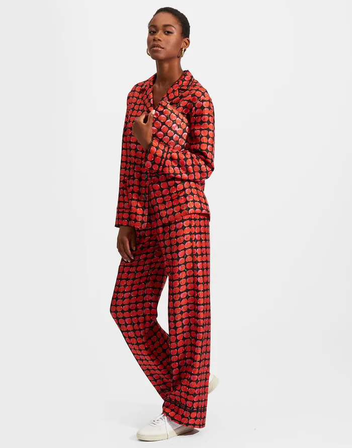 La Doublej Silk Pajama Black Cherries In Twill Silk Women Loungewear