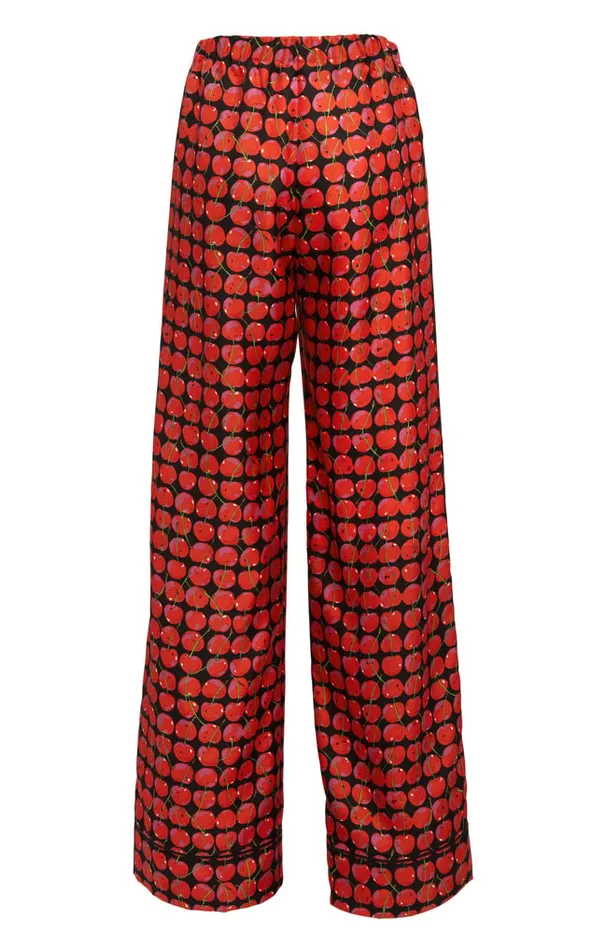 La Doublej Silk Pajama Black Cherries In Twill Silk Women Loungewear