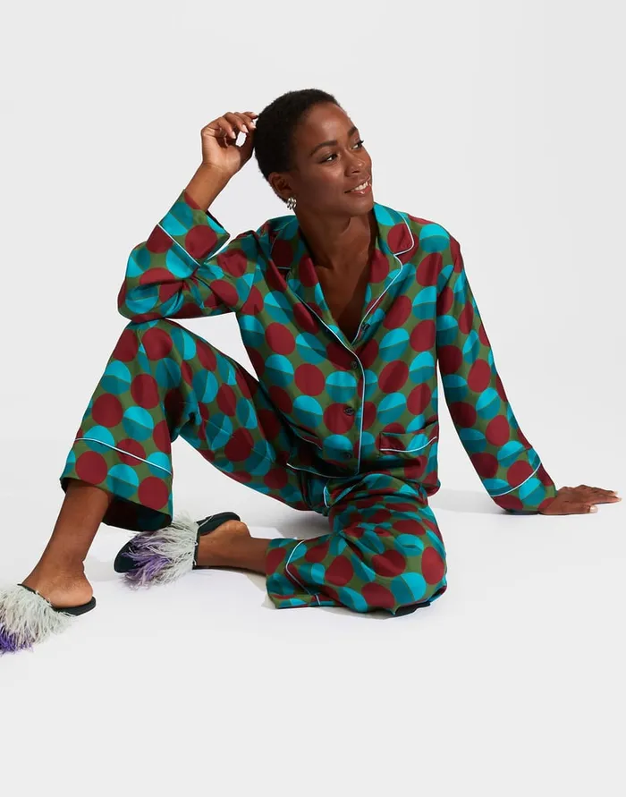 La Doublej Silk Pajama Sfere Grandi Verde In Twill Silk Women Loungewear
