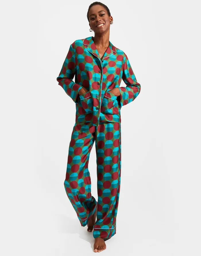 La Doublej Silk Pajama Sfere Grandi Verde In Twill Silk Women Loungewear