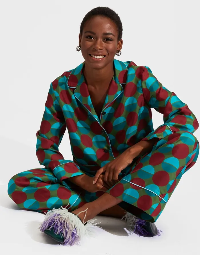 La Doublej Silk Pajama Sfere Grandi Verde In Twill Silk Women Loungewear
