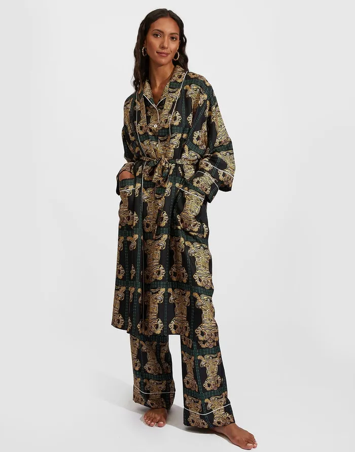 La Doublej Silk Robe Tiger Tiles Black In Twill Silk Women Loungewear