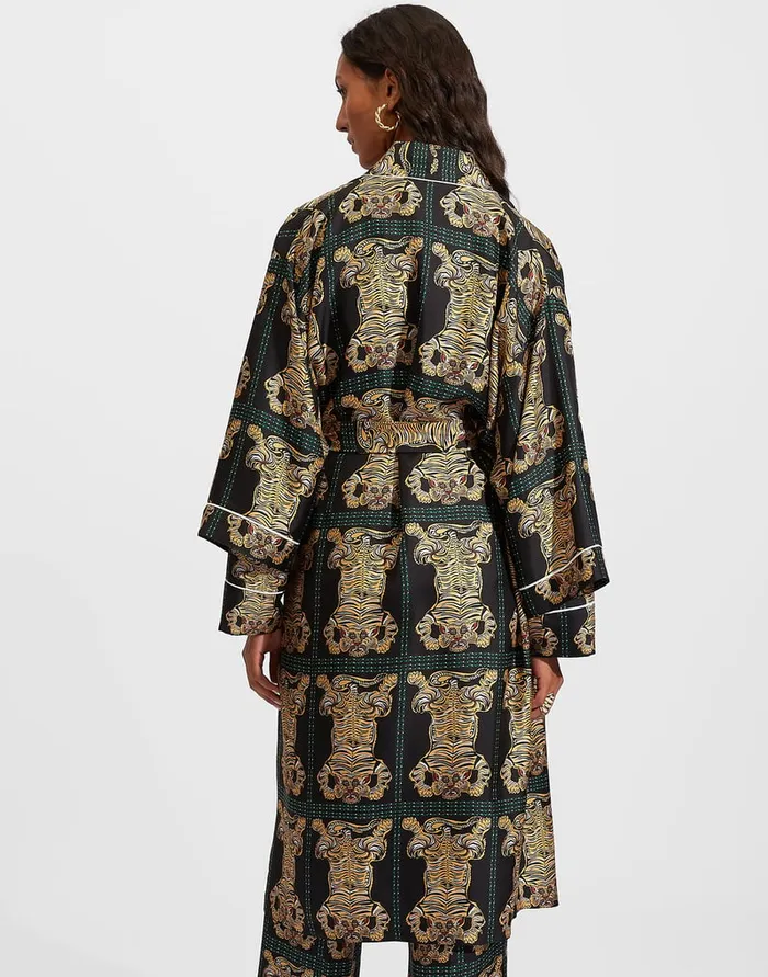 La Doublej Silk Robe Tiger Tiles Black In Twill Silk Women Loungewear