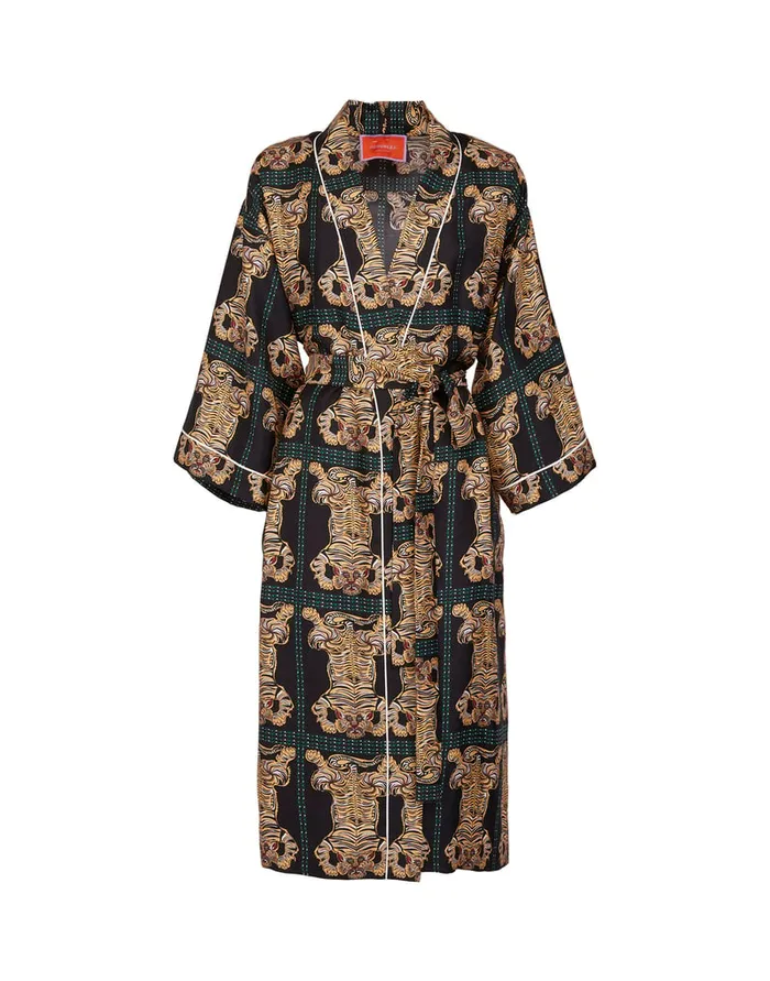 La Doublej Silk Robe Tiger Tiles Black In Twill Silk Women Loungewear
