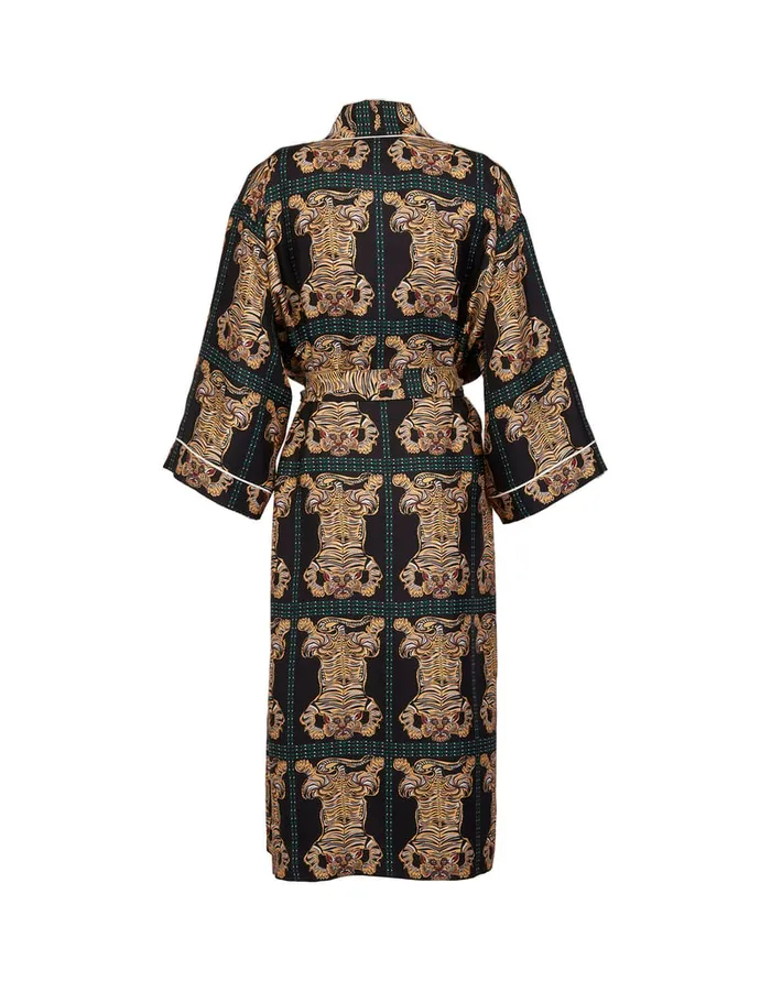 La Doublej Silk Robe Tiger Tiles Black In Twill Silk Women Loungewear