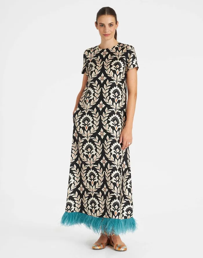 La Doublej Swing Dress Ghirlanda Black In Silk Twill With Feathers Women Dresses
