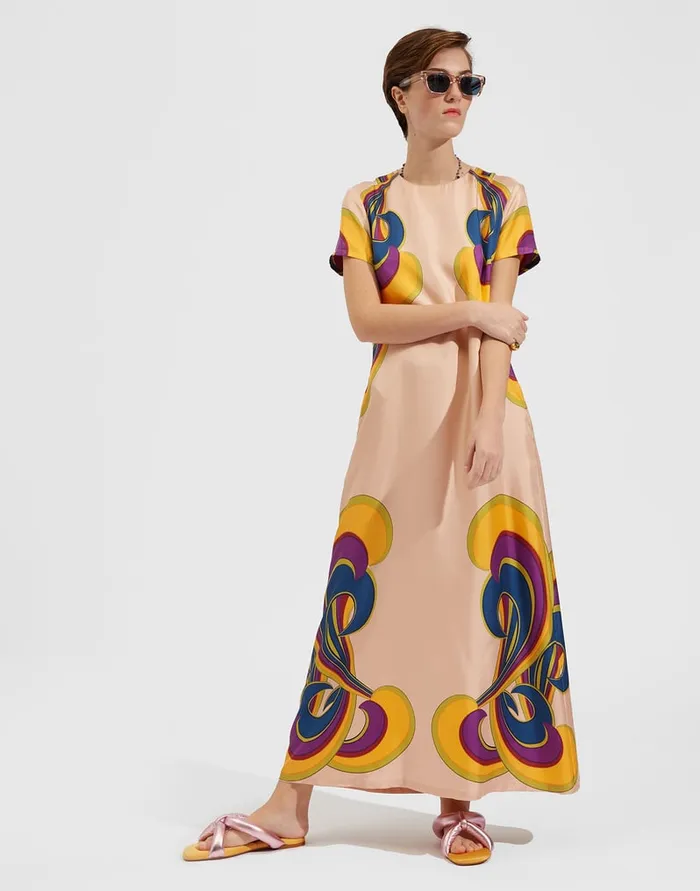 La Doublej Swing Dress Rainbow Swirl Rosa Place In Twill Silk Women Party Dressing La Doublej Swing Dress Rainbow Swirl Rosa Place In Twill Silk Women Party Dressing