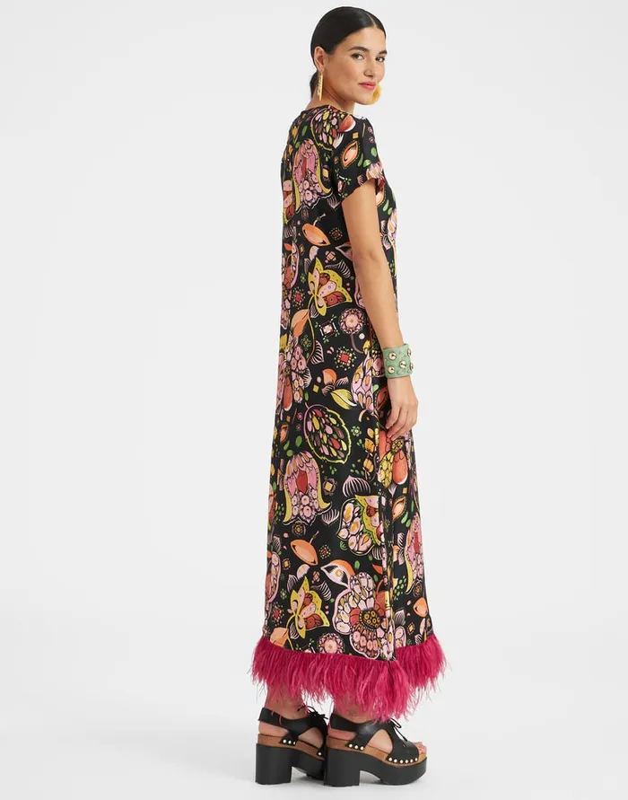 La Doublej Swing Dress With Feathers Eden In Twill Silk Women Dresses