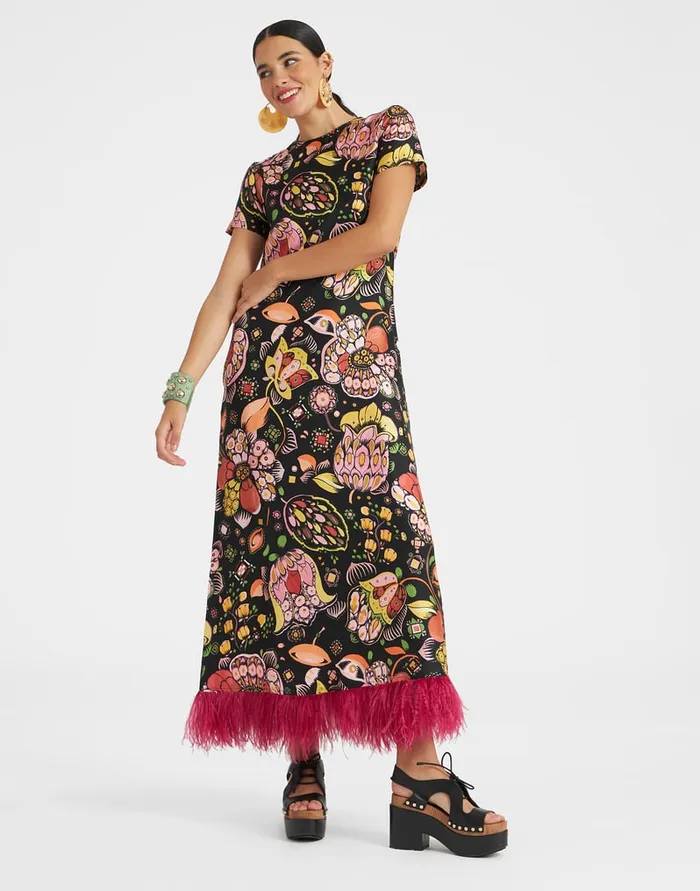 La Doublej Swing Dress With Feathers Eden In Twill Silk Women Dresses