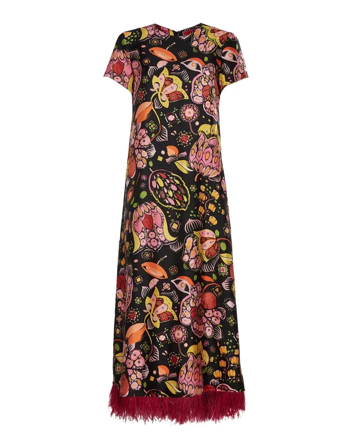 La Doublej Swing Dress With Feathers Eden In Twill Silk Women Dresses
