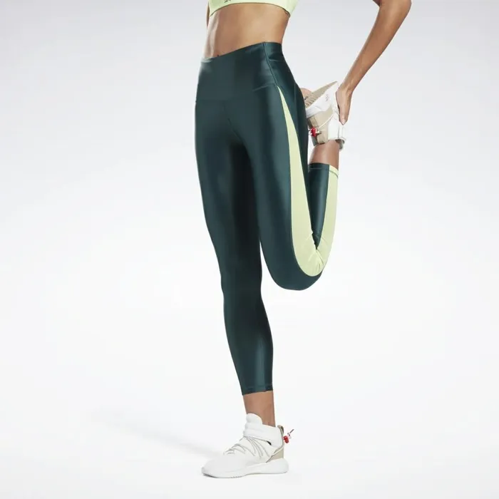 Leggings and Tights Womens Reebok Shiny HighRise Leggings Forest Green