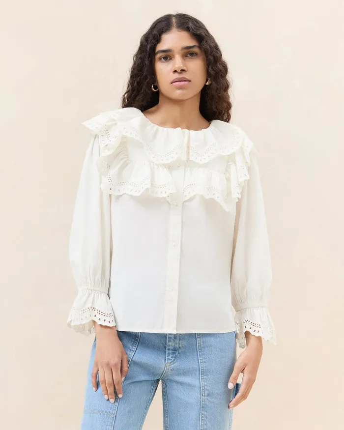 Loeffler Randall Alma Milk Broderie Collared Blouse Women Tops