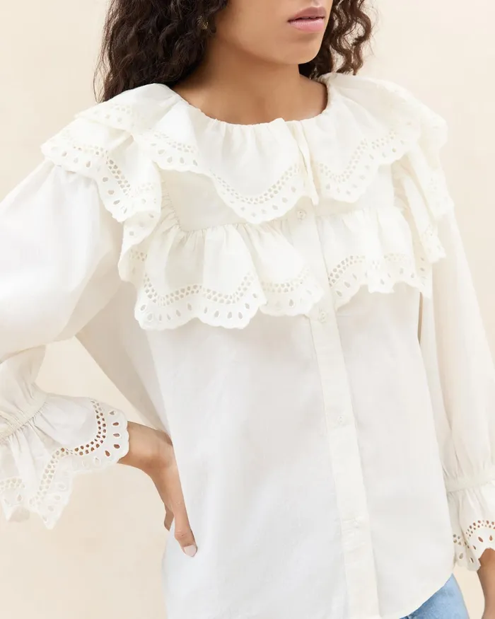 Loeffler Randall Alma Milk Broderie Collared Blouse Women Tops Loeffler Randall Alma Milk Broderie Collared Blouse Women Tops