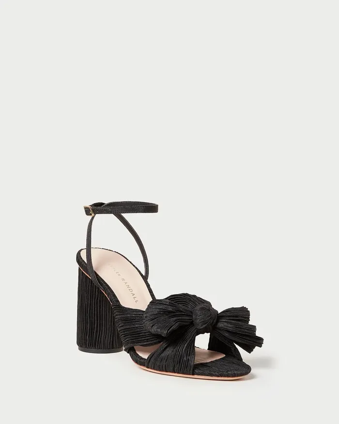 Loeffler Randall Camellia Black Pleated Bow Heel Women Heeled Sandals