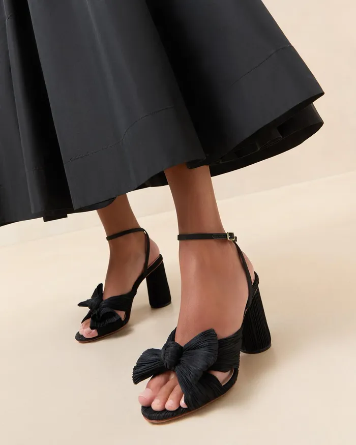 Loeffler Randall Camellia Black Pleated Bow Heel Women Heeled Sandals Loeffler Randall Camellia Black Pleated Bow Heel Women Heeled Sandals
