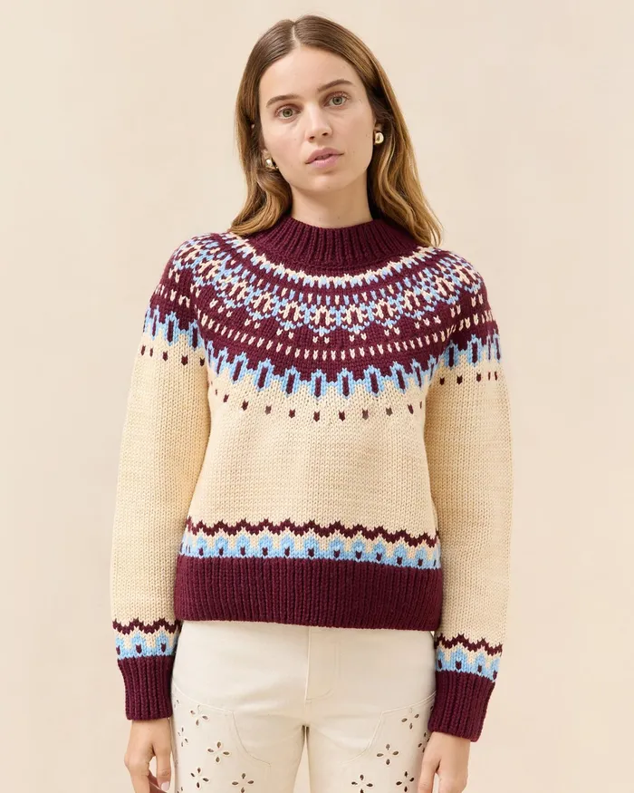 Loeffler Randall Florence CreamMaroon Fairisle Sweater Women Tops