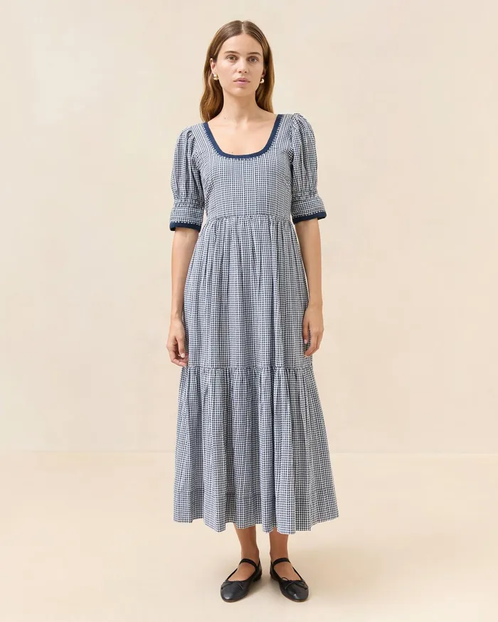 Loeffler Randall Gillian Navy Gingham PuffSleeve Dress Women Dresses