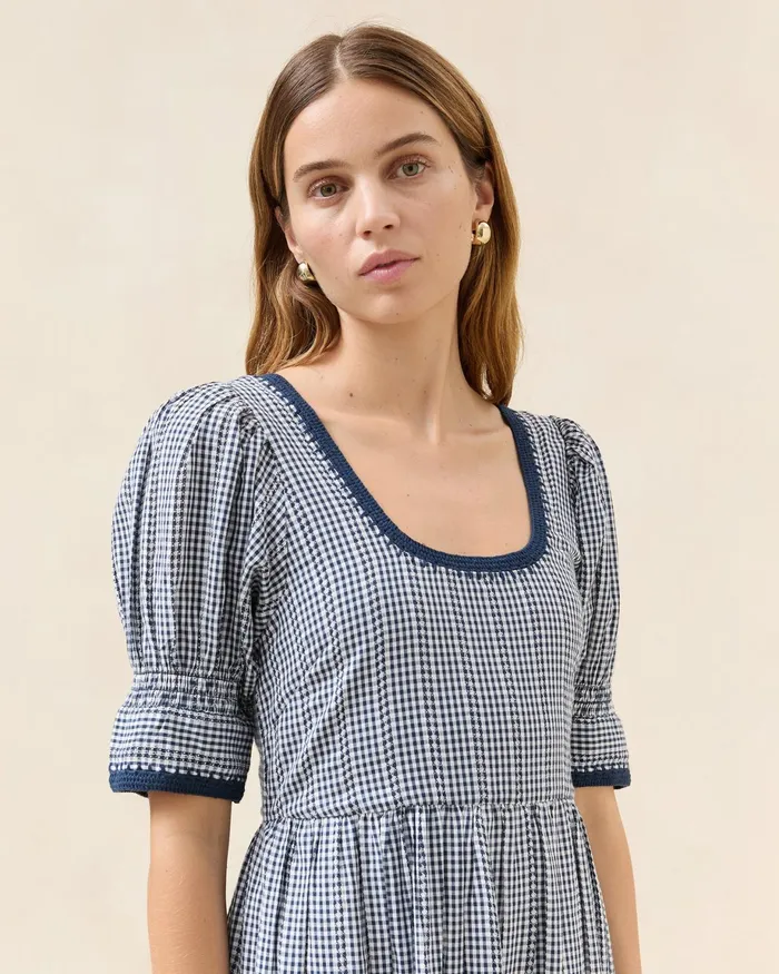 Loeffler Randall Gillian Navy Gingham PuffSleeve Dress Women Dresses Loeffler Randall Gillian Navy Gingham PuffSleeve Dress Women Dresses