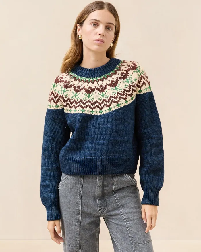 Loeffler Randall Ian Navy Tulip Fairisle Sweater Women Knitwear Loeffler Randall Ian Navy Tulip Fairisle Sweater Women Knitwear