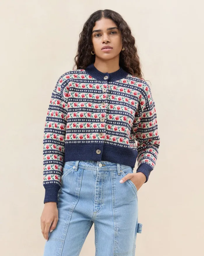 Loeffler Randall Idris Blue Jean Floral Cardigan L Sweaters and Knits L Apparel Women Knitwear