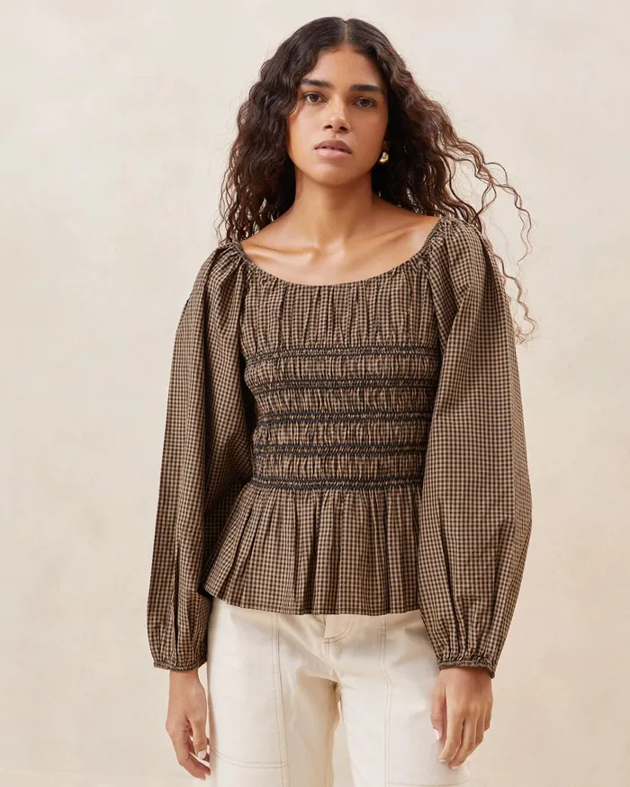 Loeffler Randall Julietta Brown Gathered Cotton Top L Tops L Apparel Women Tops Loeffler Randall Julietta Brown Gathered Cotton Top L Tops L Apparel Women Tops