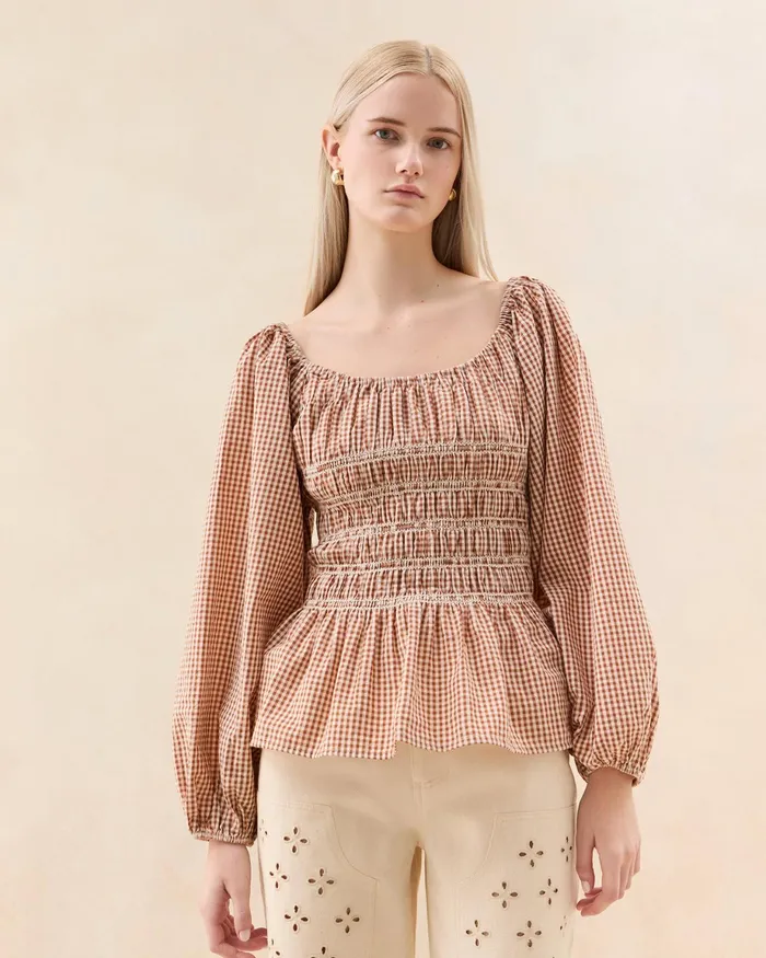 Loeffler Randall Julietta Brown Gingham Cotton Top I Tops I Apparel Women Tops