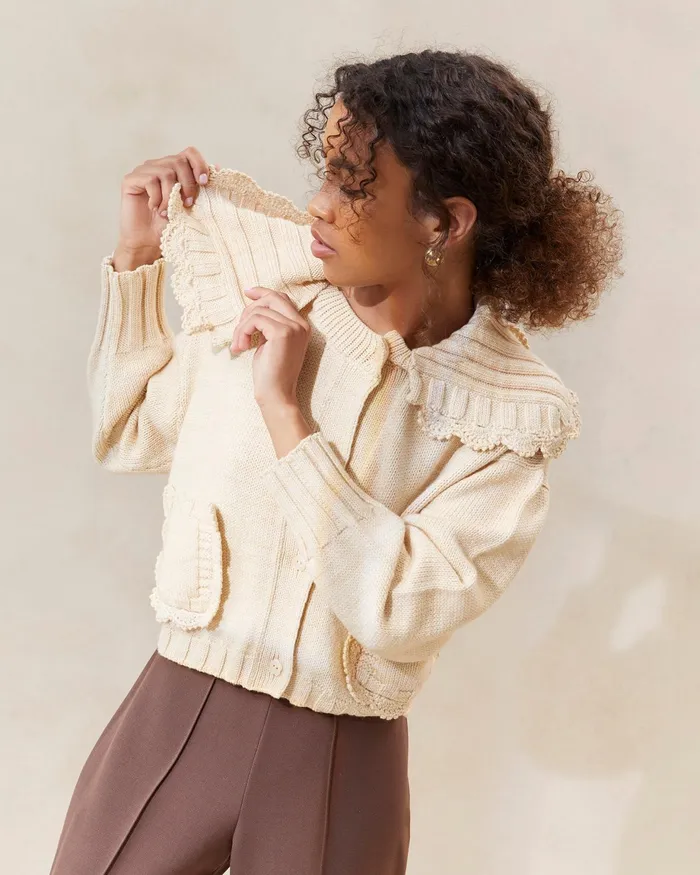 Loeffler Randall Lo CreamBrown Collared Cardigan L Sweaters and Knits L Apparel Women Tops Loeffler Randall Lo CreamBrown Collared Cardigan L Sweaters and Knits L Apparel Women Tops