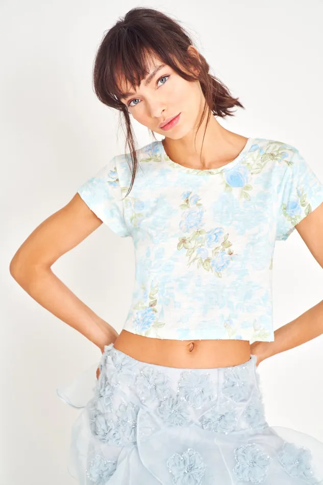 LoveShackFancy Loungewear Womens Rubin Cropped Tee BABY BLUE PROMISE