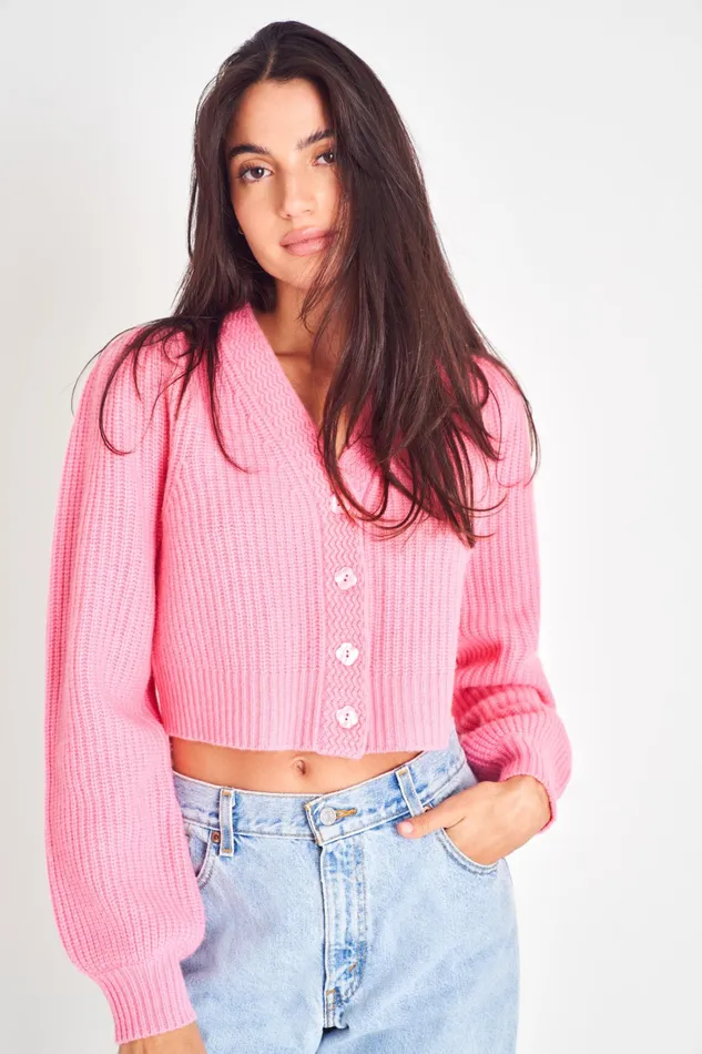 LoveShackFancy Sweaters and Knits Womens Avignon Cropped Cardigan VIVID PINK